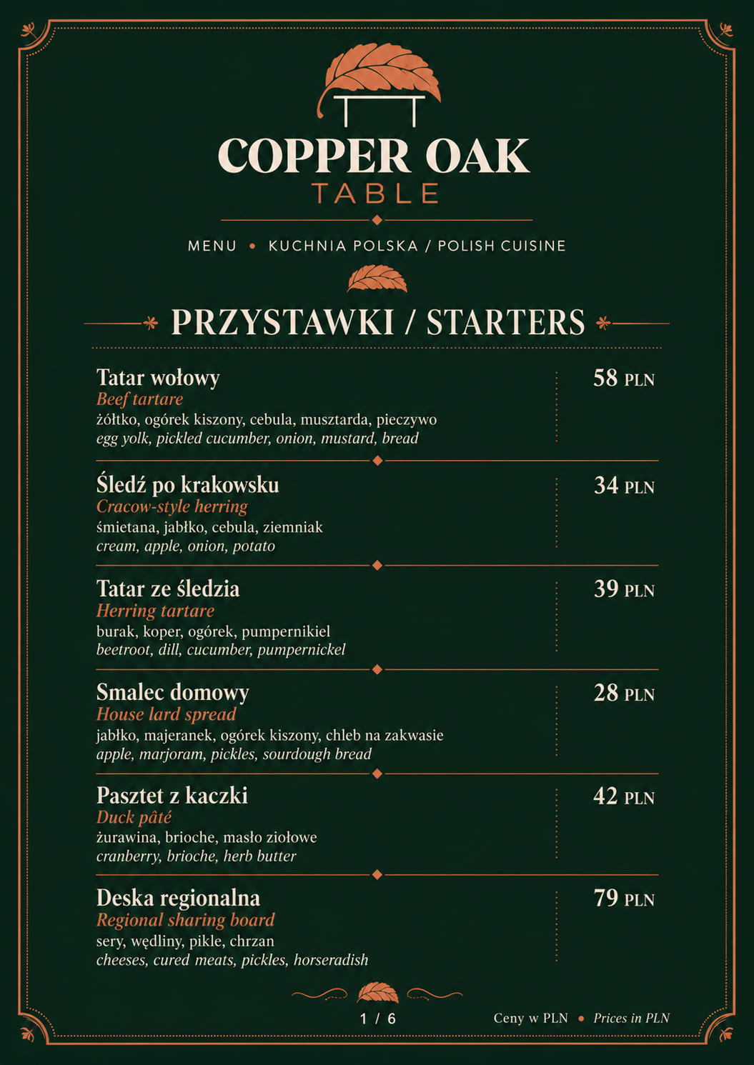 Strona menu Copper Oak Table: Przystawki