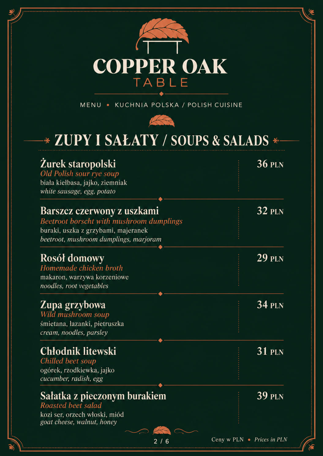 Strona menu Copper Oak Table: Zupy i sałaty
