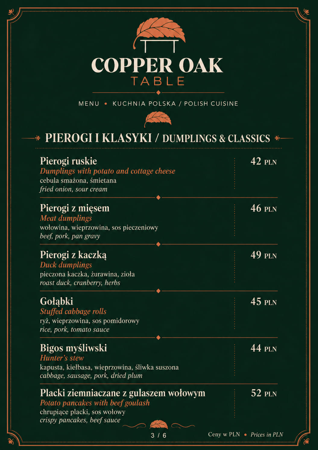 Strona menu Copper Oak Table: Pierogi i klasyki