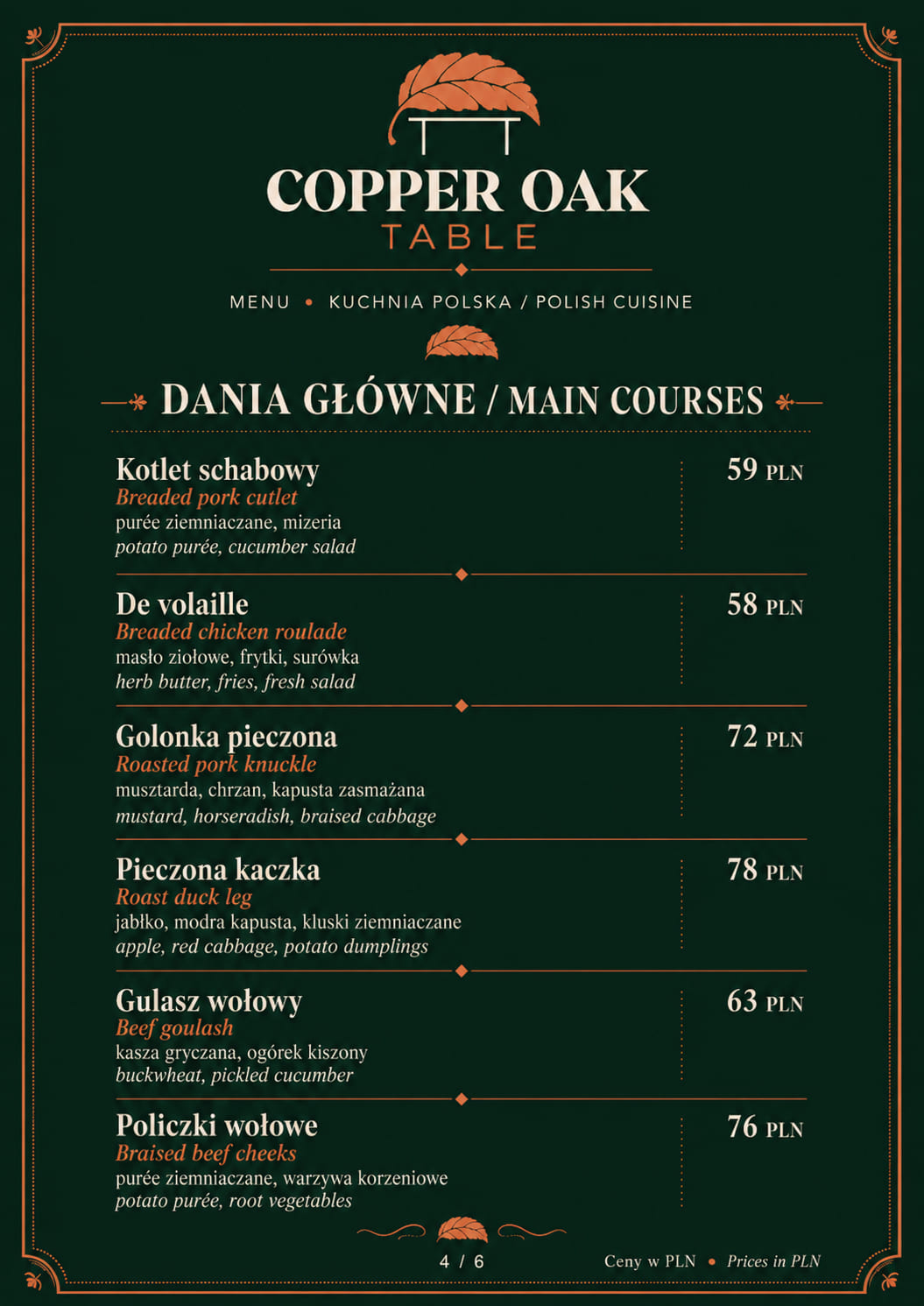 Strona menu Copper Oak Table: Dania główne