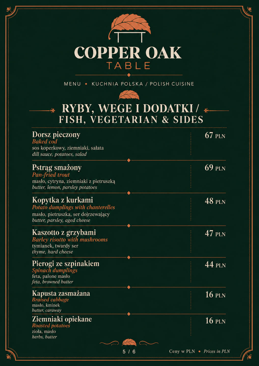 Strona menu Copper Oak Table: Ryby, wege i dodatki