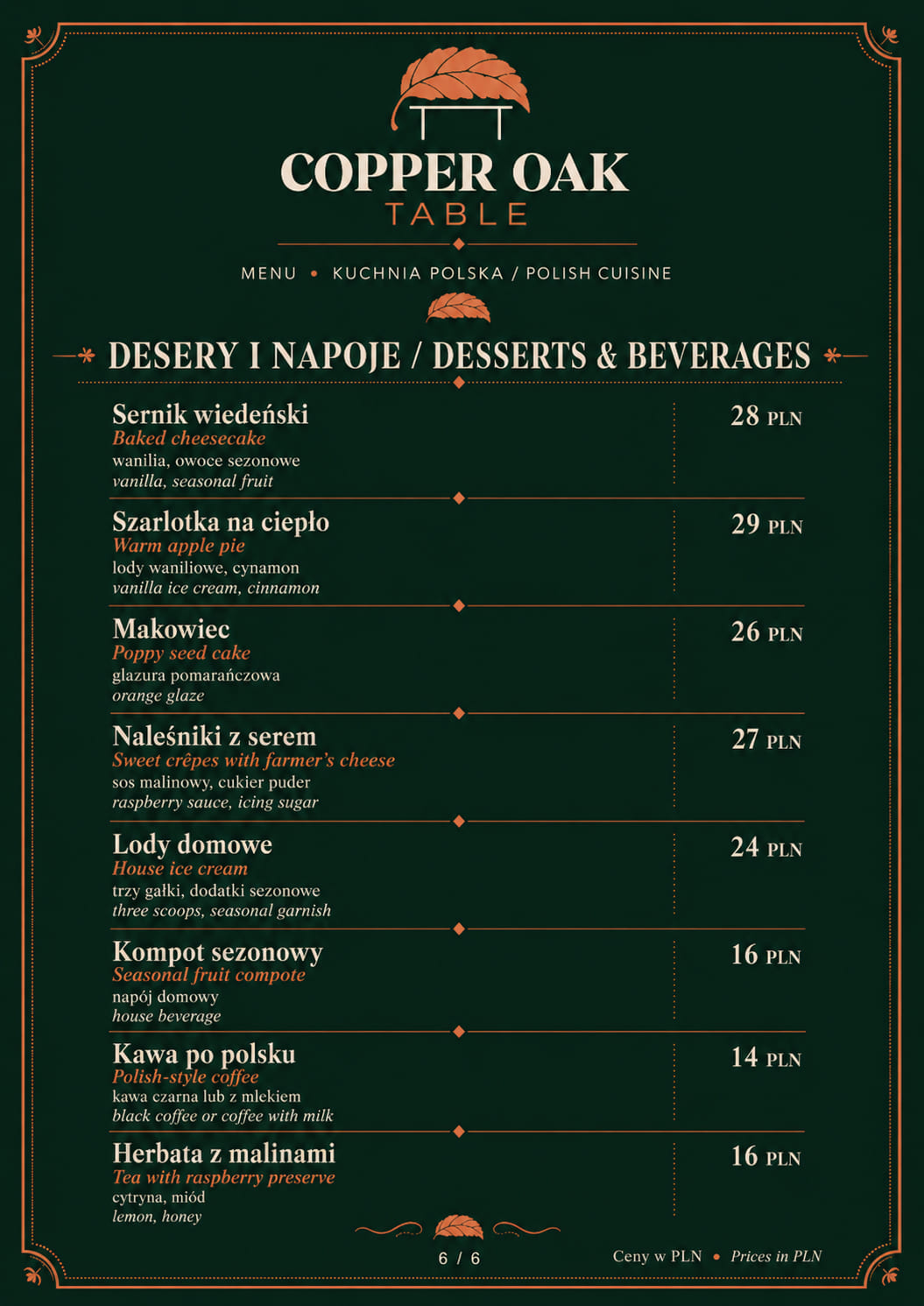 Strona menu Copper Oak Table: Desery i napoje