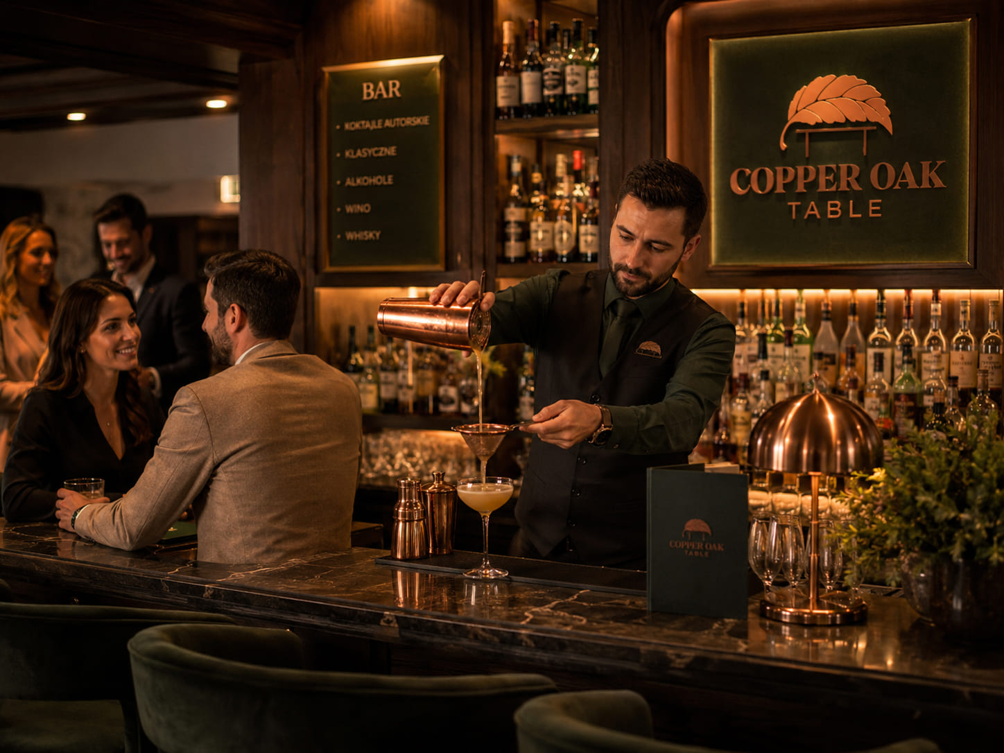 Barman nalewający koktajl przy barze Copper Oak Table